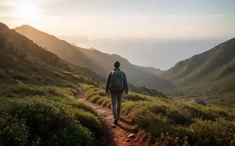 Eine Person wandert auf einem Bergpfad mit Blick auf eine friedliche, sonnige Küstenlandschaft. - Foto: über boerse-global.de