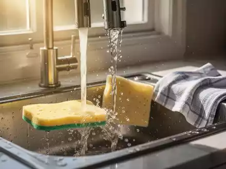 Nahaufnahme einer sauberen Küchenspüle mit fließendem Wasser, einem Schwamm und einem Geschirrtuch in hellem Sonnenlicht. - Foto: über boerse-global.de
