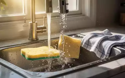 Nahaufnahme einer sauberen Küchenspüle mit fließendem Wasser, einem Schwamm und einem Geschirrtuch in hellem Sonnenlicht. - Foto: über boerse-global.de