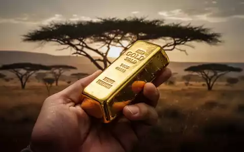 Eine Hand hält einen glänzenden Goldbarren, im unscharfen Hintergrund eine afrikanische Savannenlandschaft. - Foto: über boerse-global.de