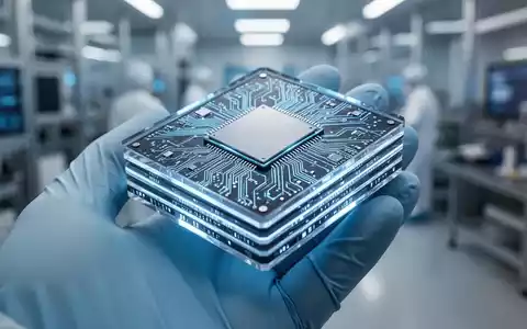 Nahaufnahme eines futuristischen 3D-NAND-Flash-Speicherchips mit sichtbaren Schichten und komplexer Schaltung, die dezent blau leuchtet. - Foto: über boerse-global.de