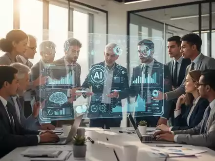 Ingenieure und Geschäftsleute arbeiten in einem modernen Büro zusammen und betrachten ein transparentes digitales Display mit KI-Daten. - Foto: über boerse-global.de