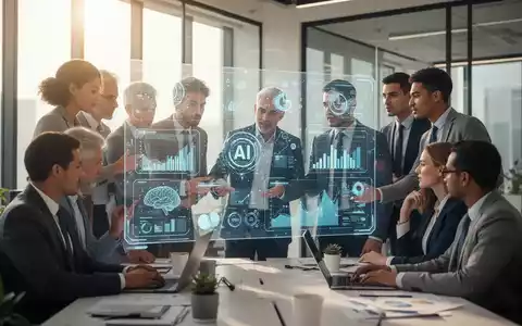 Ingenieure und Geschäftsleute arbeiten in einem modernen Büro zusammen und betrachten ein transparentes digitales Display mit KI-Daten. - Foto: über boerse-global.de