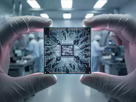 Nahaufnahme eines leuchtenden Mikrochips in zwei Händen, mit verschwommenen Fabrikmaschinen im Hintergrund. - Foto: über boerse-global.de