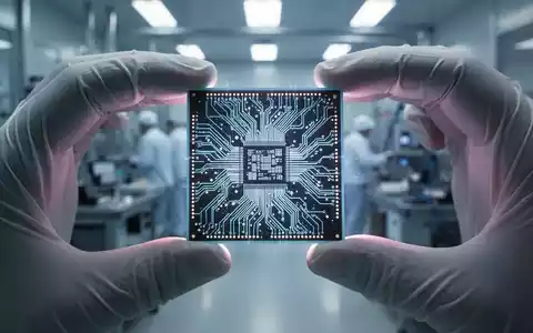 Nahaufnahme eines leuchtenden Mikrochips in zwei Händen, mit verschwommenen Fabrikmaschinen im Hintergrund. - Foto: über boerse-global.de