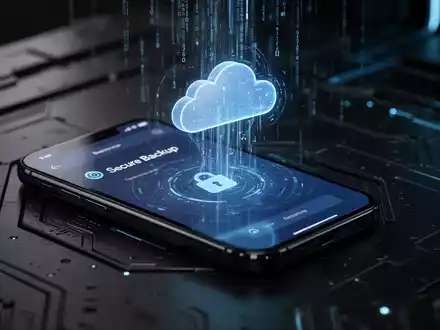 Ein Smartphone-Bildschirm zeigt eine sichere Backup-Oberfläche mit digitalen Datenströmen, die in ein Cloud-Symbol fließen. - Foto: über boerse-global.de