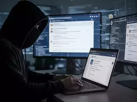 Eine Person im Hoodie tippt an einem Laptop, auf den Bildschirmen sind gefälschte E-Mails des BKA zu sehen. - Foto: über boerse-global.de