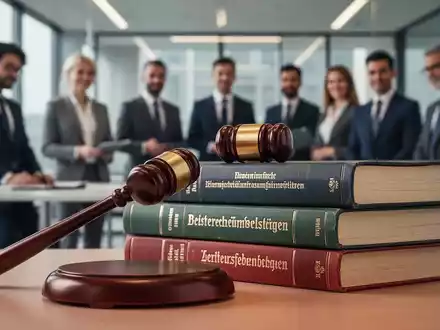 Ein Hammer schlägt auf einen Stapel deutscher Gesetzbücher, die neue Arbeitsgesetze symbolisieren, mit verschwommenen Fachleuten im Hintergrund. - Foto: über boerse-global.de