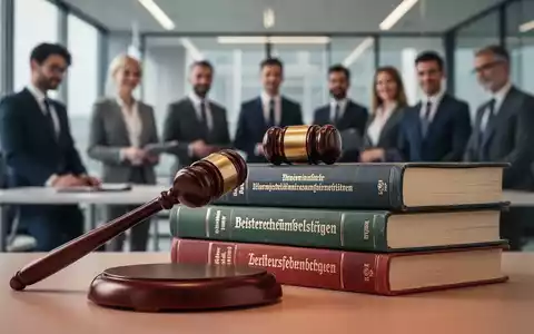 Ein Hammer schlägt auf einen Stapel deutscher Gesetzbücher, die neue Arbeitsgesetze symbolisieren, mit verschwommenen Fachleuten im Hintergrund. - Foto: über boerse-global.de