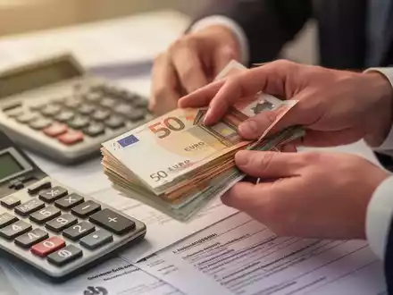 Hände zählen Euro-Banknoten, mit einem Taschenrechner und Dokumenten im Hintergrund, symbolisieren Finanzregeln für Minijobber. - Foto: über boerse-global.de