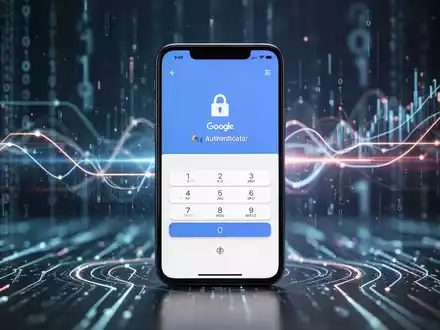 Ein Smartphone mit der Google Authenticator-App und unscharfem Hintergrund digitaler Sicherheitselemente, symbolisiert Online-Kontoschutz. - Foto: über boerse-global.de