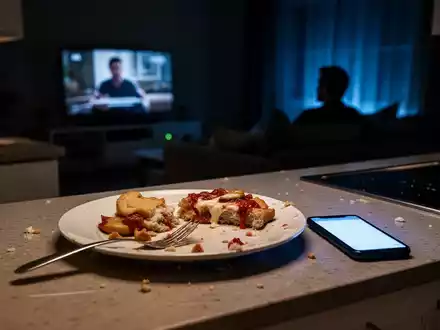Eine dunkle Küche bei Nacht, mit einem Teller ungesunden Essens und einem leuchtenden Smartphone auf der Theke. Im Hintergrund ist die Silhouette einer Person zu sehen, die auf einem Sofa sitzt und fernsieht. - Foto: über boerse-global.de