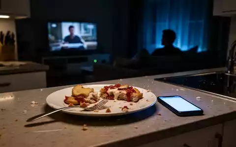 Eine dunkle Küche bei Nacht, mit einem Teller ungesunden Essens und einem leuchtenden Smartphone auf der Theke. Im Hintergrund ist die Silhouette einer Person zu sehen, die auf einem Sofa sitzt und fernsieht. - Foto: über boerse-global.de