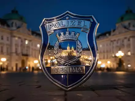 Ein stilisiertes Polizeisymbol vor einem unscharfen Hintergrund von Wiener Architektur bei Nacht, das Kriminalität und Ermittlungen darstellt. - Foto: über boerse-global.de