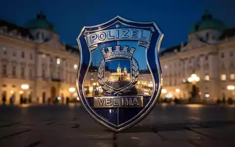 Ein stilisiertes Polizeisymbol vor einem unscharfen Hintergrund von Wiener Architektur bei Nacht, das Kriminalität und Ermittlungen darstellt. - Foto: über boerse-global.de