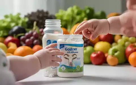 Ein Babyhändchen berührt eine Flasche Ziegenmilch-Säuglingsnahrung, mit verschwommenem Hintergrund aus Obst und Gemüse. - Foto: über boerse-global.de