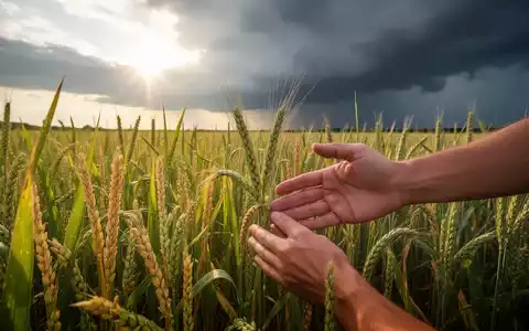 Ein weites Feld mit gesunden, widerstandsfähigen Nutzpflanzen unter einem dramatischen Himmel, der sowohl Sonnenschein als auch Sturmwolken zeigt. - Foto: über boerse-global.de