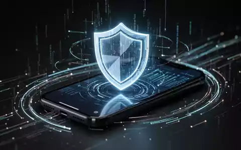 Ein stilisiertes, leuchtendes Schildsymbol auf einem Smartphone-Bildschirm, umgeben von abstrakten Linien, die Datensicherheit und Bedrohungserkennung symbolisieren. - Foto: über boerse-global.de