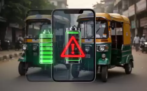 Ein Smartphone-Bildschirm mit Batterie- und Warnsymbol, überlagert von einem unscharfen Bild einer E-Rikscha in Indien. - Foto: über boerse-global.de
