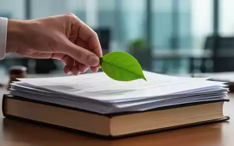 Eine Hand legt ein grünes Blatt auf einen Stapel von Gesetzbüchern, symbolisierend neue Greenwashing-Gesetze und Compliance. - Foto: über boerse-global.de
