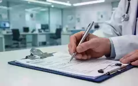 Nahaufnahme einer Hand, die eine Arbeitsunfähigkeitsbescheinigung ausfüllt, mit medizinischer Ausrüstung im Hintergrund. - Foto: über boerse-global.de
