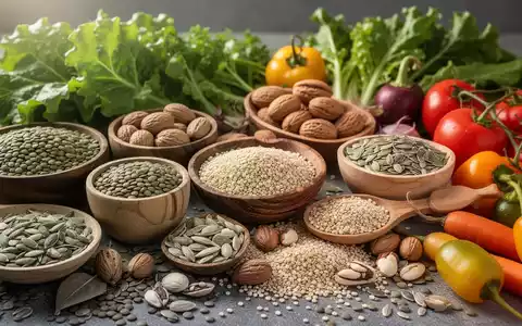 Eine Nahaufnahme einer bunten Auswahl an gesunden Lebensmitteln wie Linsen, Quinoa, Nüssen und frischem Gemüse. - Foto: über boerse-global.de