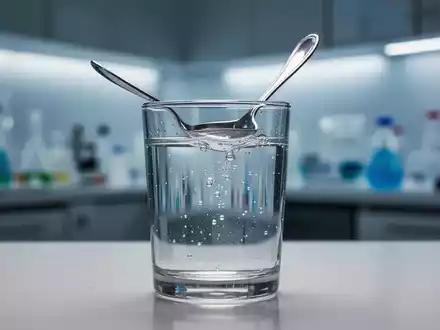 Ein Glas mit einer klaren Flüssigkeit und einem Löffel am Rand, im Hintergrund verschwommene Küchen- oder Laborgeräte. - Foto: über boerse-global.de
