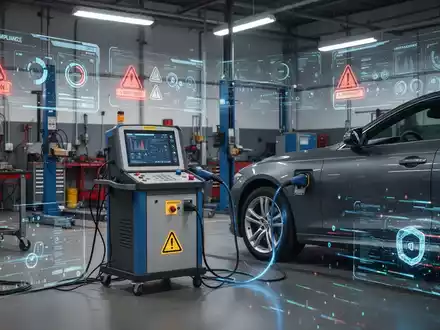 Eine moderne Kfz-Werkstatt mit Diagnosegeräten, die an ein Auto angeschlossen sind, umgeben von digitalen Schnittstellen mit Daten und Warnzeichen. - Foto: über boerse-global.de