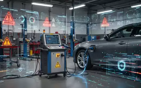 Eine moderne Kfz-Werkstatt mit Diagnosegeräten, die an ein Auto angeschlossen sind, umgeben von digitalen Schnittstellen mit Daten und Warnzeichen. - Foto: über boerse-global.de
