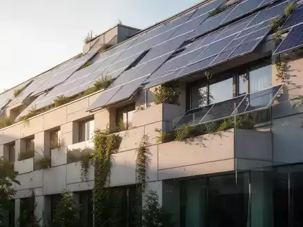 Eine moderne Gebäudefassade mit Solarpaneelen und Grünelementen, die Effizienzhaus-Sanierungen und staatliche Förderung darstellt. - Foto: über boerse-global.de