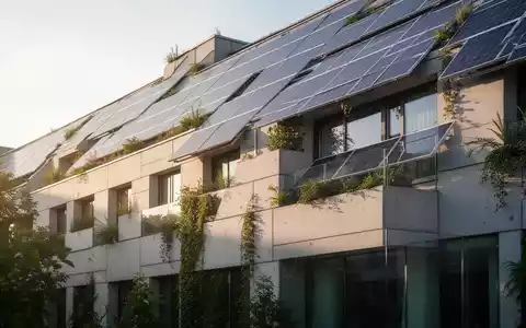 Eine moderne Gebäudefassade mit Solarpaneelen und Grünelementen, die Effizienzhaus-Sanierungen und staatliche Förderung darstellt. - Foto: über boerse-global.de