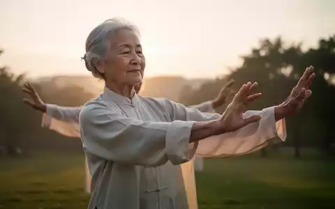 Eine ältere Person übt Tai Chi bei Sonnenaufgang, die Schultern entspannt und die Arme in fließenden Bewegungen. - Foto: über boerse-global.de