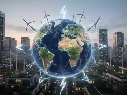 Ein stilisierter Globus mit Energiesymbolen vor einer nachhaltigen Stadtlandschaft bei Dämmerung, der globale Zusammenarbeit und saubere Energie darstellt. - Foto: über boerse-global.de