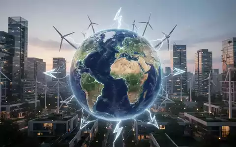 Ein stilisierter Globus mit Energiesymbolen vor einer nachhaltigen Stadtlandschaft bei Dämmerung, der globale Zusammenarbeit und saubere Energie darstellt. - Foto: über boerse-global.de