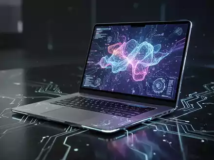 Schlankes, futuristisches Laptop mit leuchtenden Innenkomponenten, gespiegelt auf dunkler Oberfläche, Symbol für fortschrittliche Technologie und Design. - Foto: über boerse-global.de