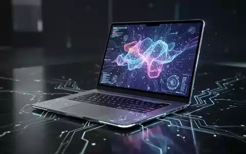 Schlankes, futuristisches Laptop mit leuchtenden Innenkomponenten, gespiegelt auf dunkler Oberfläche, Symbol für fortschrittliche Technologie und Design. - Foto: über boerse-global.de