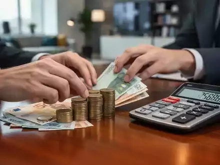 Hände ordnen Euro-Münzen und Banknoten auf einem Holztisch, daneben ein Finanzrechner mit Zahlen. Symbolisiert Sparen und Vermögensbildung. - Foto: über boerse-global.de