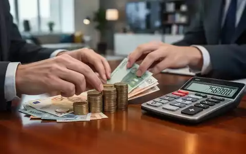 Hände ordnen Euro-Münzen und Banknoten auf einem Holztisch, daneben ein Finanzrechner mit Zahlen. Symbolisiert Sparen und Vermögensbildung. - Foto: über boerse-global.de