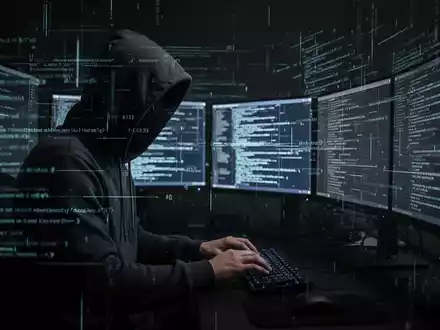 Eine Person im Hoodie, umgeben von Computermonitoren mit Code, symbolisiert Cyberkriminalität und Phishing. - Foto: über boerse-global.de