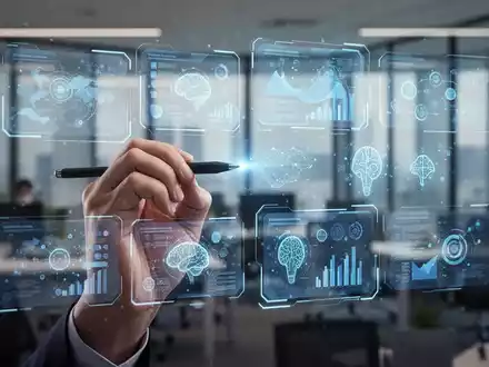 Eine Hand mit Stift interagiert mit einem holografischen Display, das Präsentationsfolien und KI-Symbole in einem modernen Büro zeigt. - Foto: über boerse-global.de