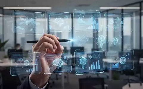 Eine Hand mit Stift interagiert mit einem holografischen Display, das Präsentationsfolien und KI-Symbole in einem modernen Büro zeigt. - Foto: über boerse-global.de