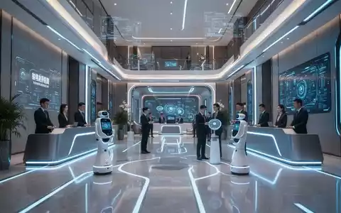 Schlanke, futuristische Hotellobby mit Servicerobotern, die mit Gästen interagieren, als Symbol für ein voll roboterbetriebenes Hotel in China. - Foto: über boerse-global.de