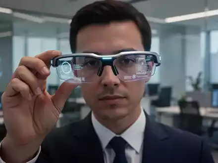 Nahaufnahme einer eleganten, futuristischen Smart-Brille mit dezent leuchtenden Schnittstellen, gehalten von einer Person in einem modernen Büro. - Foto: über boerse-global.de