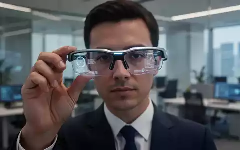 Nahaufnahme einer eleganten, futuristischen Smart-Brille mit dezent leuchtenden Schnittstellen, gehalten von einer Person in einem modernen Büro. - Foto: über boerse-global.de