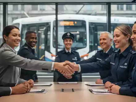 Hände schütteln sich nach erfolgreichen Tarifverhandlungen im öffentlichen Nahverkehr, im Hintergrund eine verschwommene Straßenbahn. - Foto: über boerse-global.de