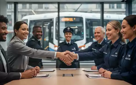 Hände schütteln sich nach erfolgreichen Tarifverhandlungen im öffentlichen Nahverkehr, im Hintergrund eine verschwommene Straßenbahn. - Foto: über boerse-global.de