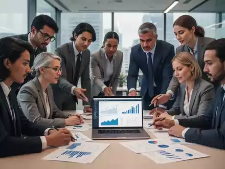 Eine Gruppe internationaler Geschäftsleute bespricht Finanzdokumente und Diagramme auf einem Laptop in einem modernen Büro. - Foto: über boerse-global.de