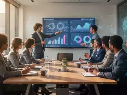Eine Gruppe von Fachleuten bei einer interaktiven Coaching-Sitzung in einem modernen Seminarraum, mit digitalen Bildschirmen und Notizen. - Foto: über boerse-global.de