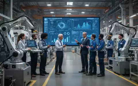Eine Gruppe von Produktionsleitern und Ingenieuren arbeitet in einer modernen Fabrikumgebung zusammen und analysiert Daten auf einem Bildschirm. - Foto: über boerse-global.de
