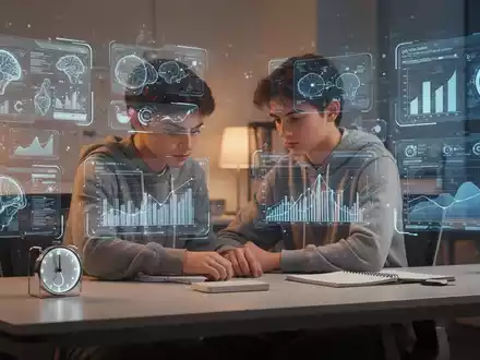 Eine Person sitzt an einem modernen Schreibtisch, umgeben von holografischen Projektionen von Daten und KI-Schnittstellen, die Konzentration symbolisieren. - Foto: über boerse-global.de